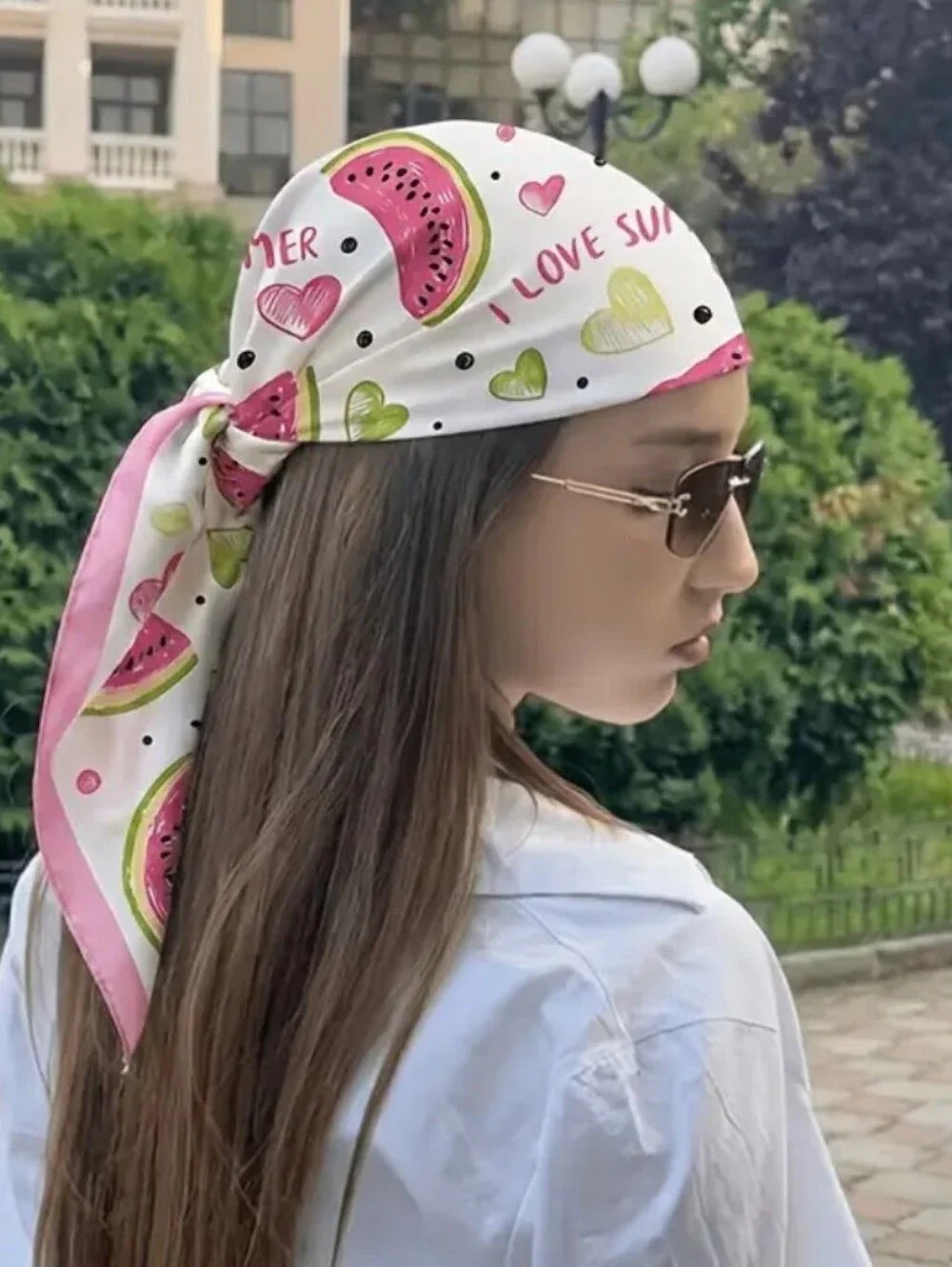 Silk-feel Pink Watermelon Print Neck Scarf , Head Scarf